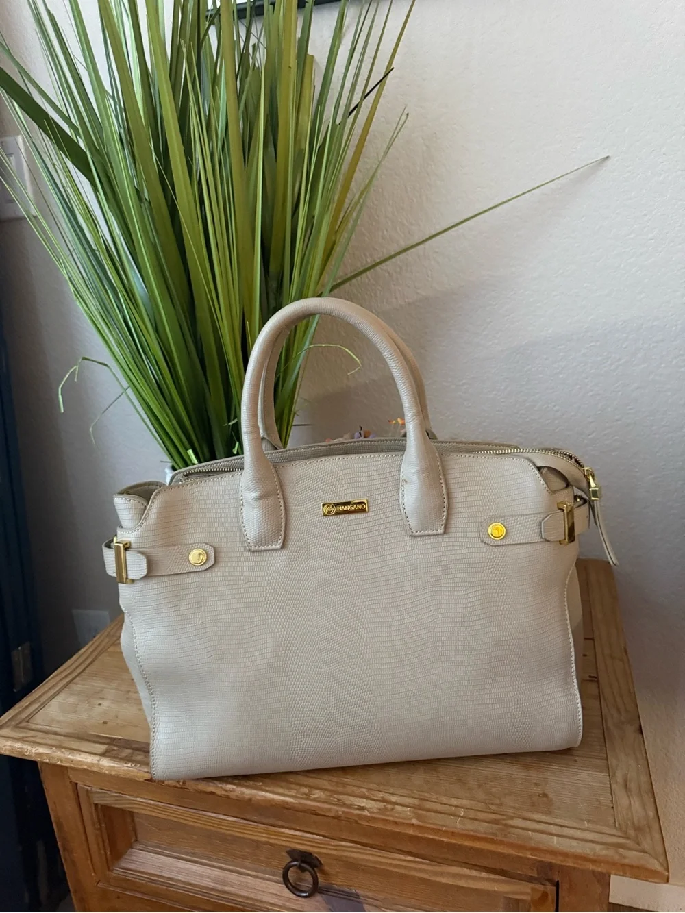 Joy Mangano Beige Textured Satchel with Gold Hardware